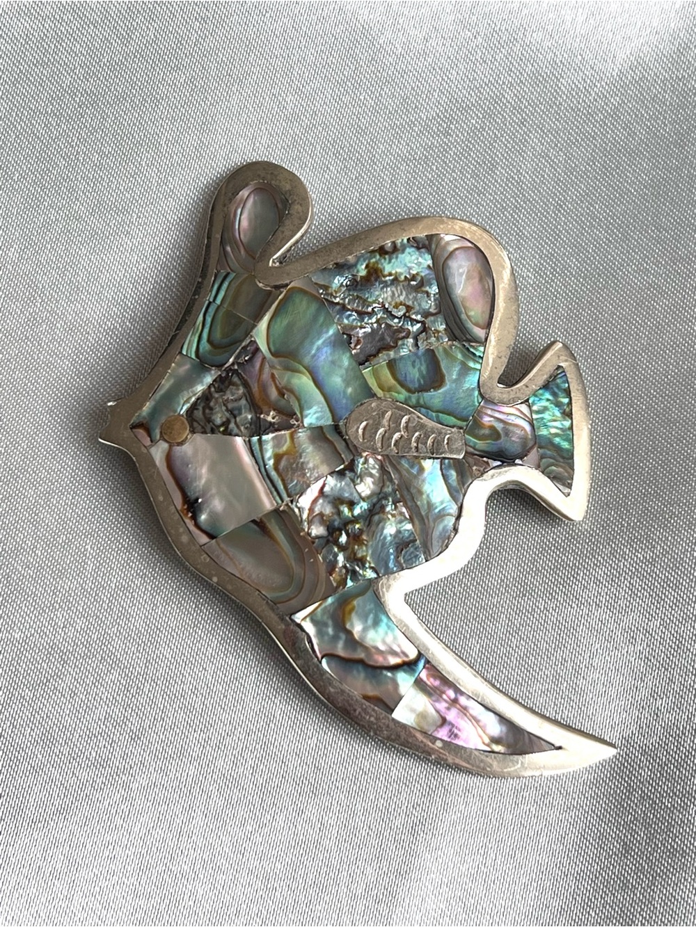 Vintage Taxco Abalone Shell Fish Brooch - Mexican Silver Tone